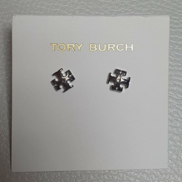 Tory Burch Small Logo Silver Tone Stud Earrings - Picture 1 of 1